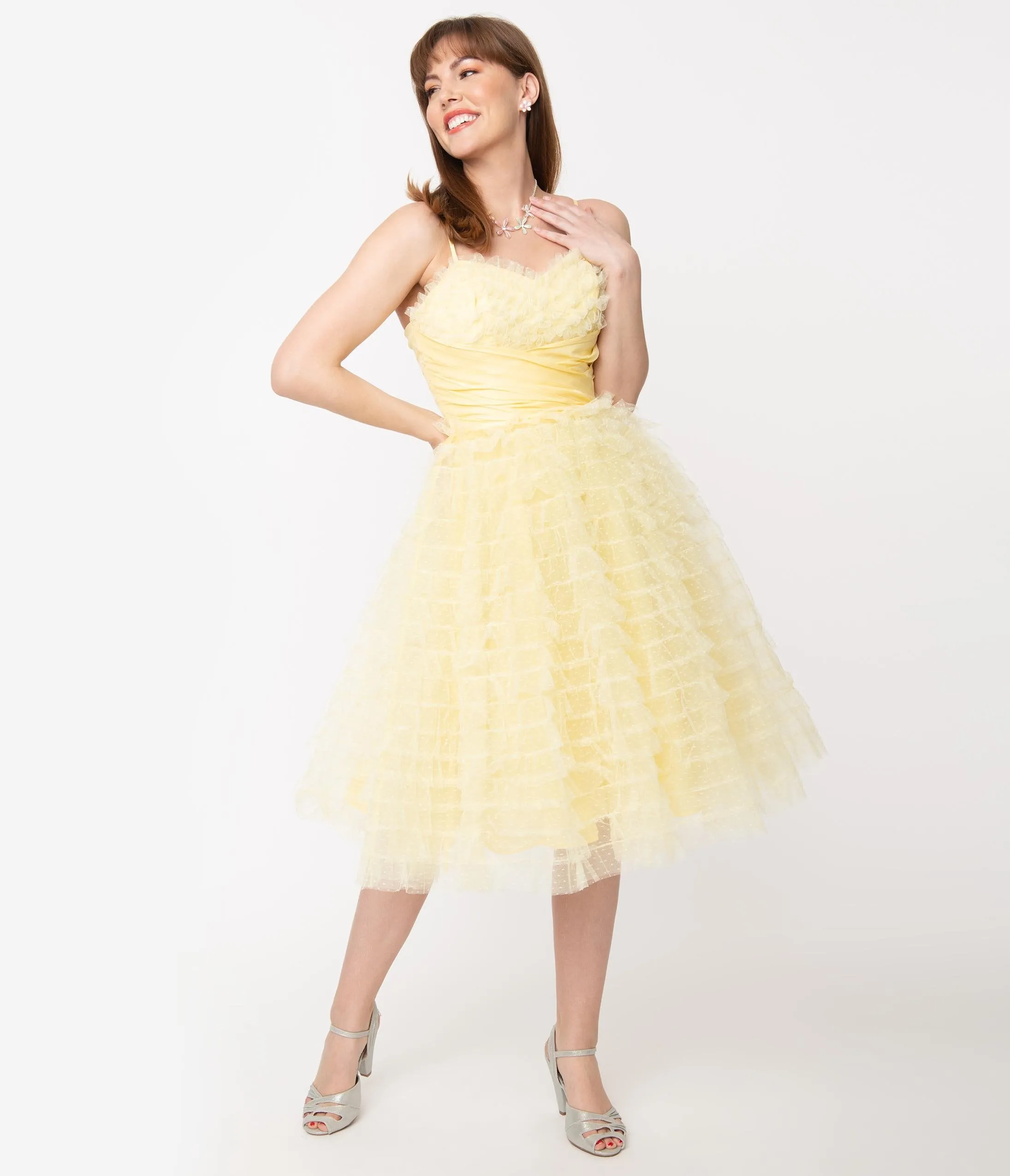 Unique Vintage 1950s Yellow Ruffled Tulle Cupcake Swing Dress