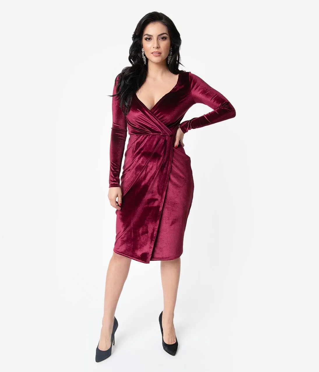 Unique Vintage Merlot Red Velvet Long Sleeve Damsel Wiggle Dress