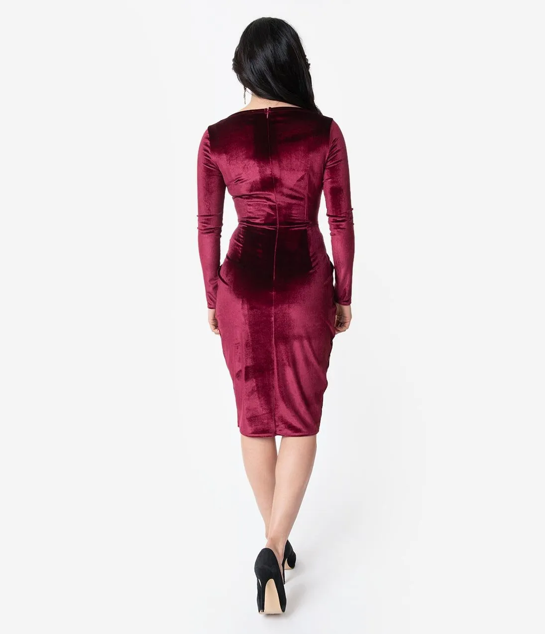 Unique Vintage Merlot Red Velvet Long Sleeve Damsel Wiggle Dress