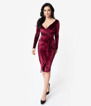 Unique Vintage Merlot Red Velvet Long Sleeve Damsel Wiggle Dress