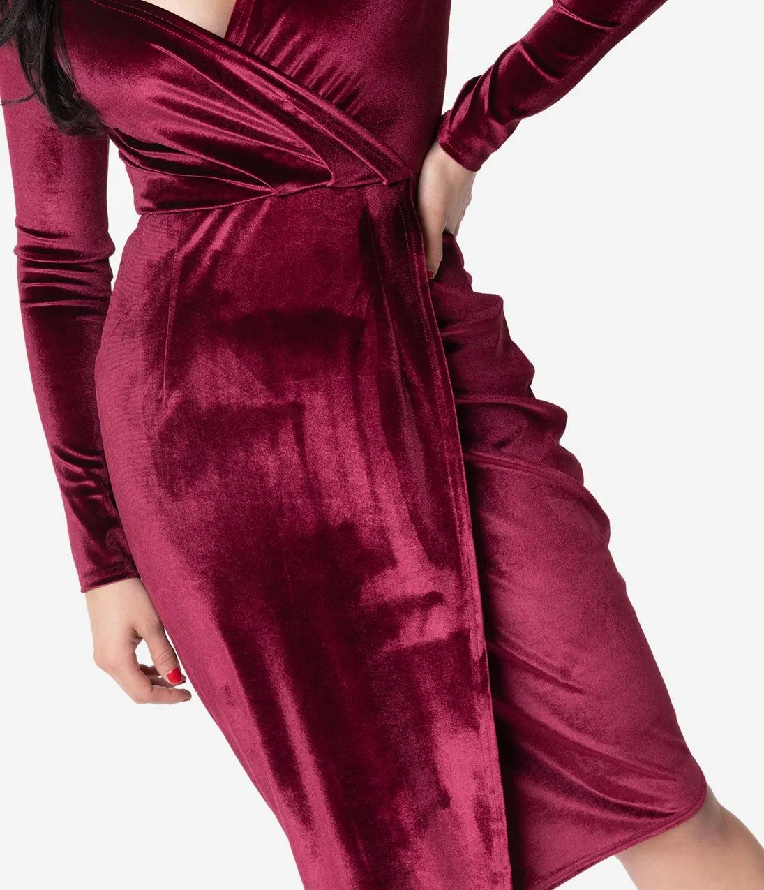 Unique Vintage Merlot Red Velvet Long Sleeve Damsel Wiggle Dress