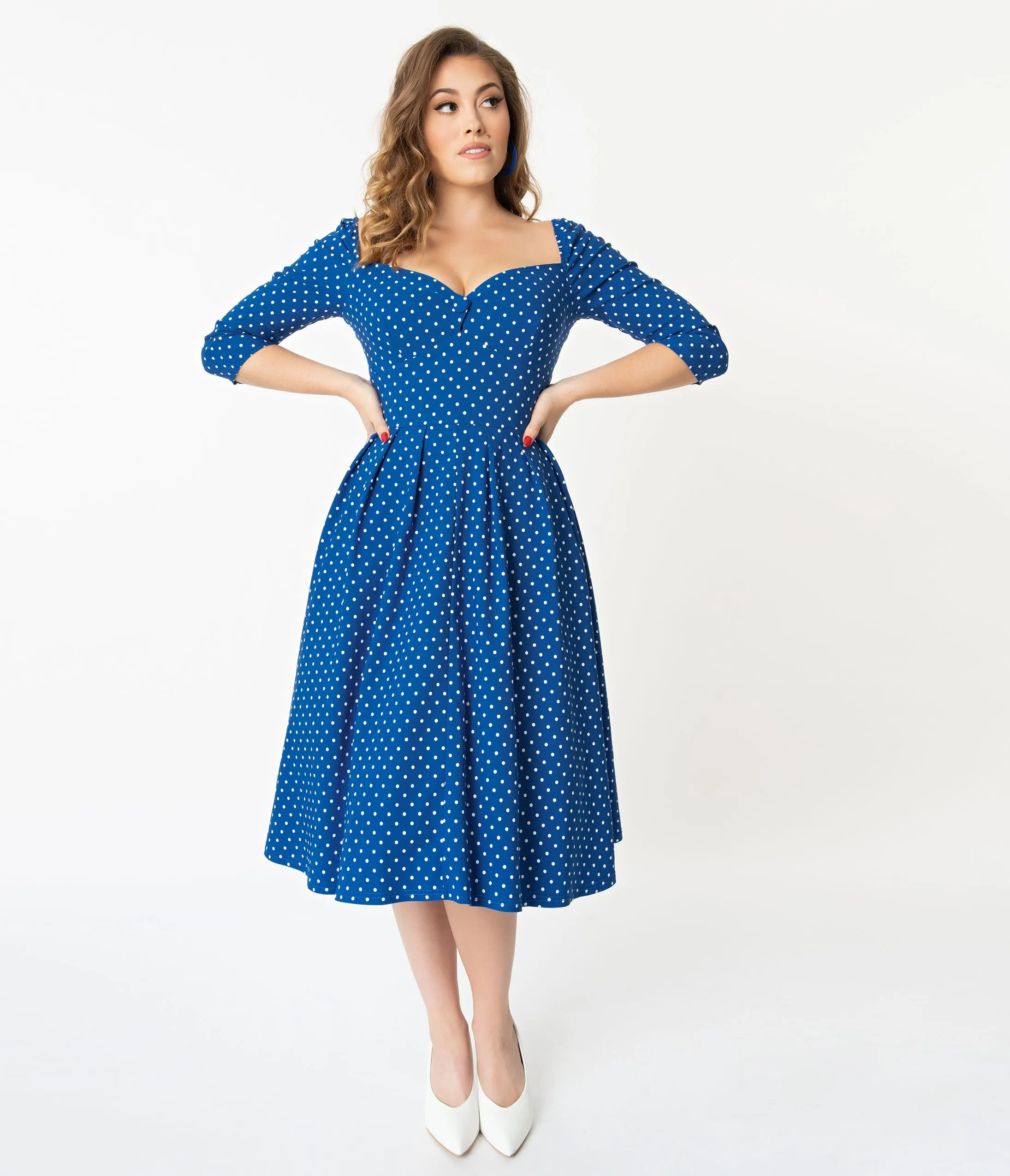 Unique Vintage   Pantone Classic Blue & White Pin Dot Lamar Swing Dress