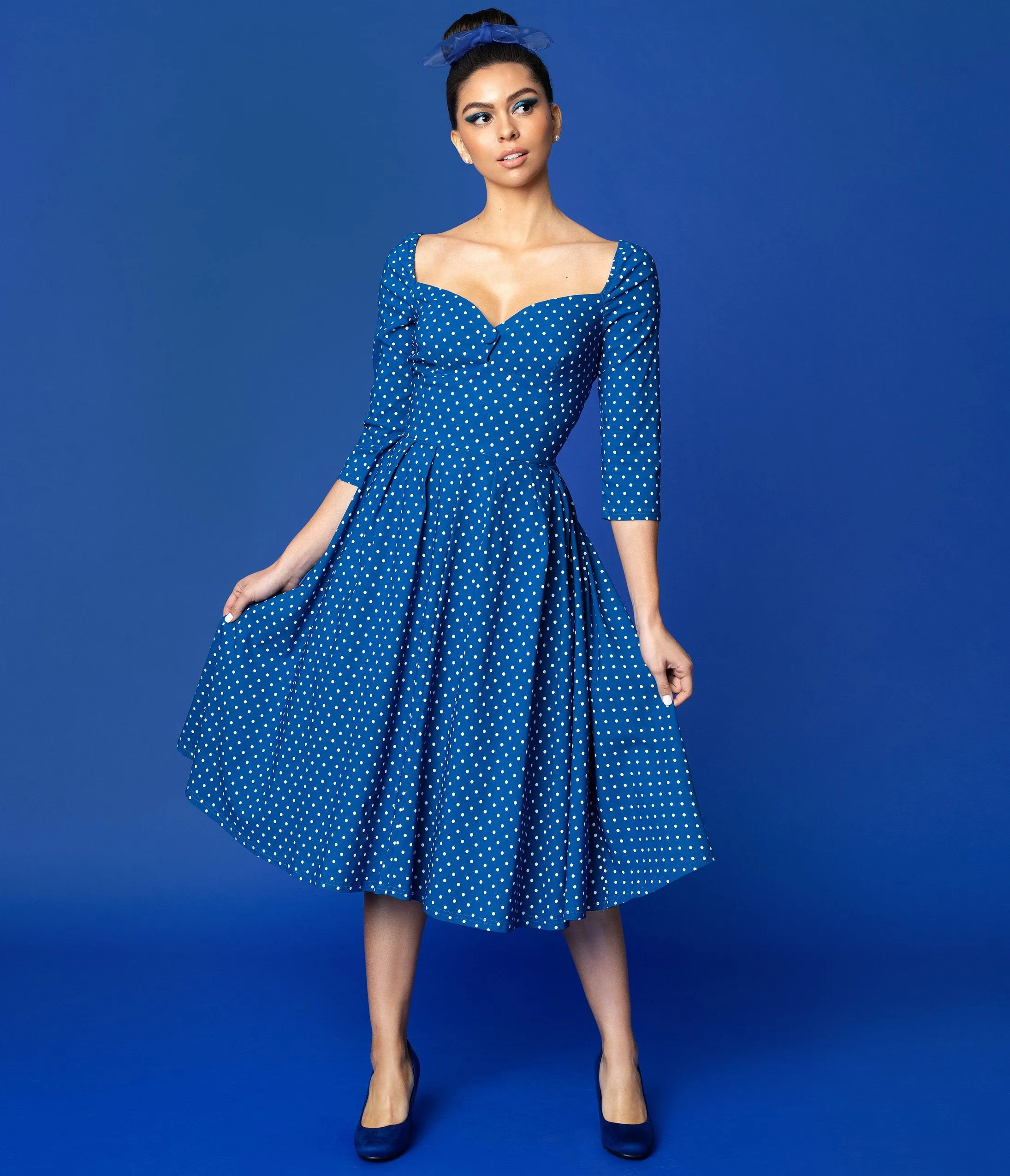 Unique Vintage   Pantone Classic Blue & White Pin Dot Lamar Swing Dress