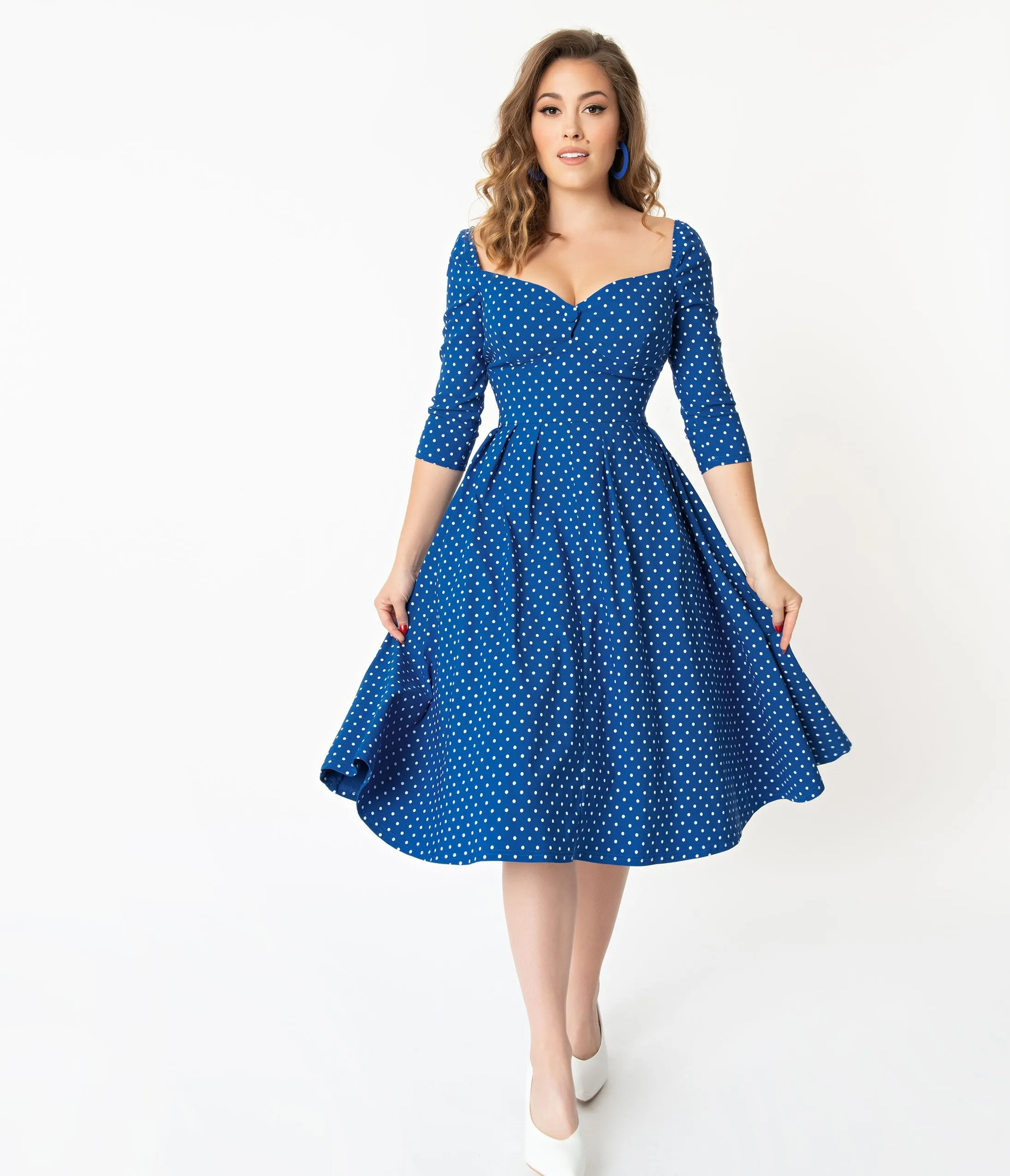 Unique Vintage   Pantone Classic Blue & White Pin Dot Lamar Swing Dress