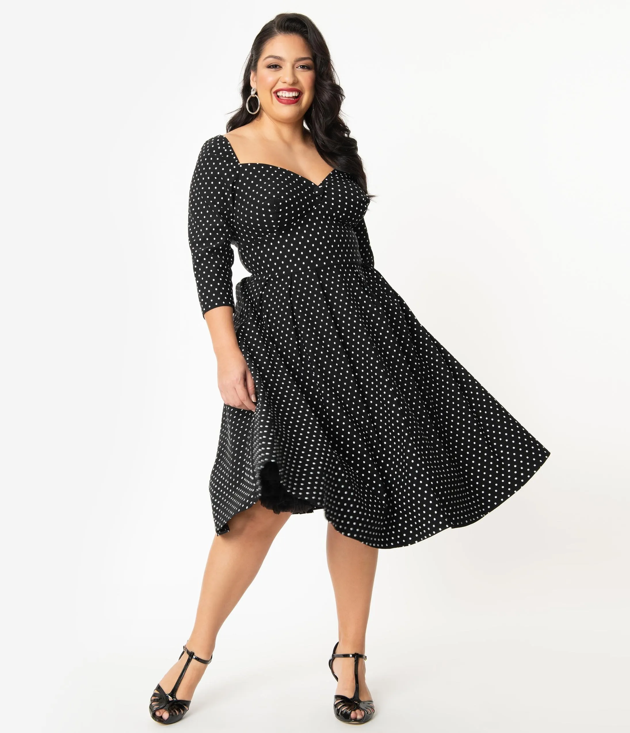 Unique Vintage Plus Size 1950s Black & White Pin Dot Sweetheart Lamar Swing Dress