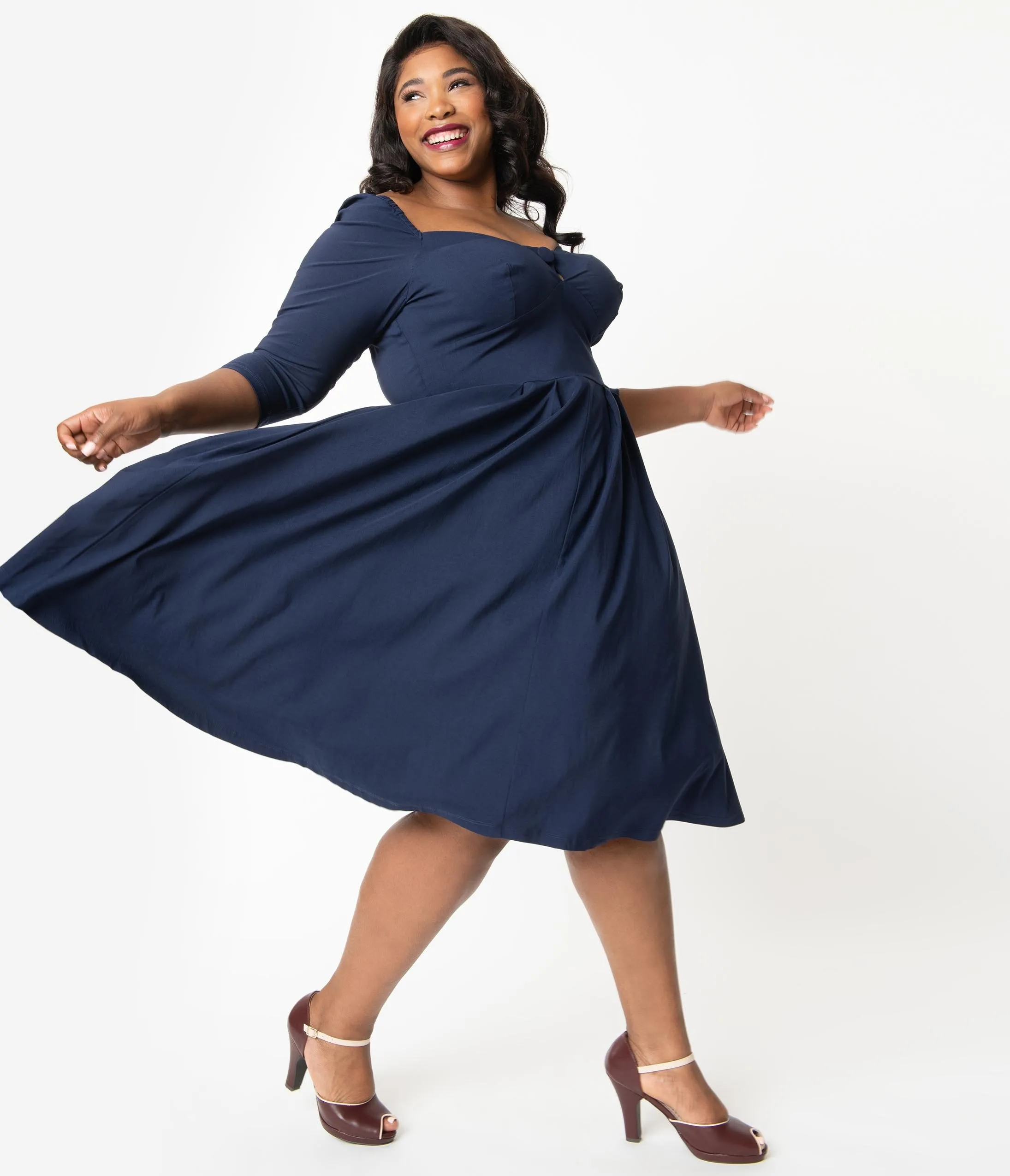 Unique Vintage Plus Size 1950s Style Navy Sweetheart Lamar Swing Dress