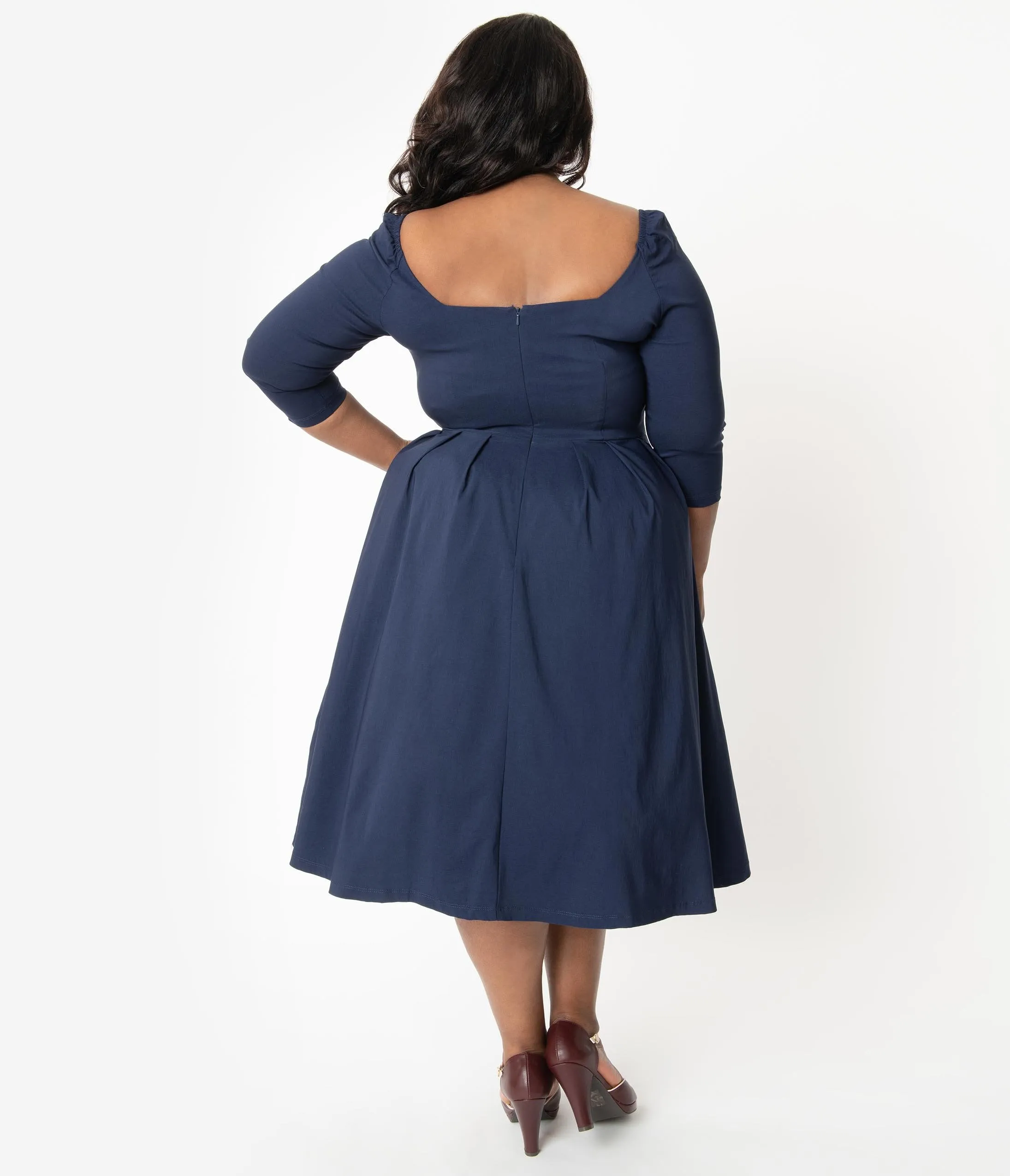 Unique Vintage Plus Size 1950s Style Navy Sweetheart Lamar Swing Dress