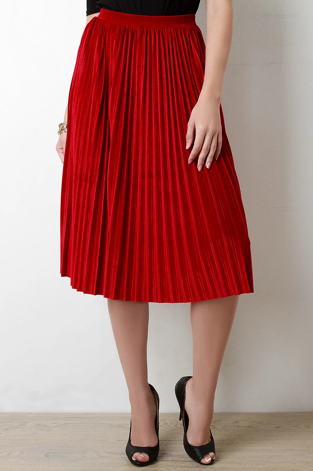 Velvet Accordion Pleat High Waist Skirt