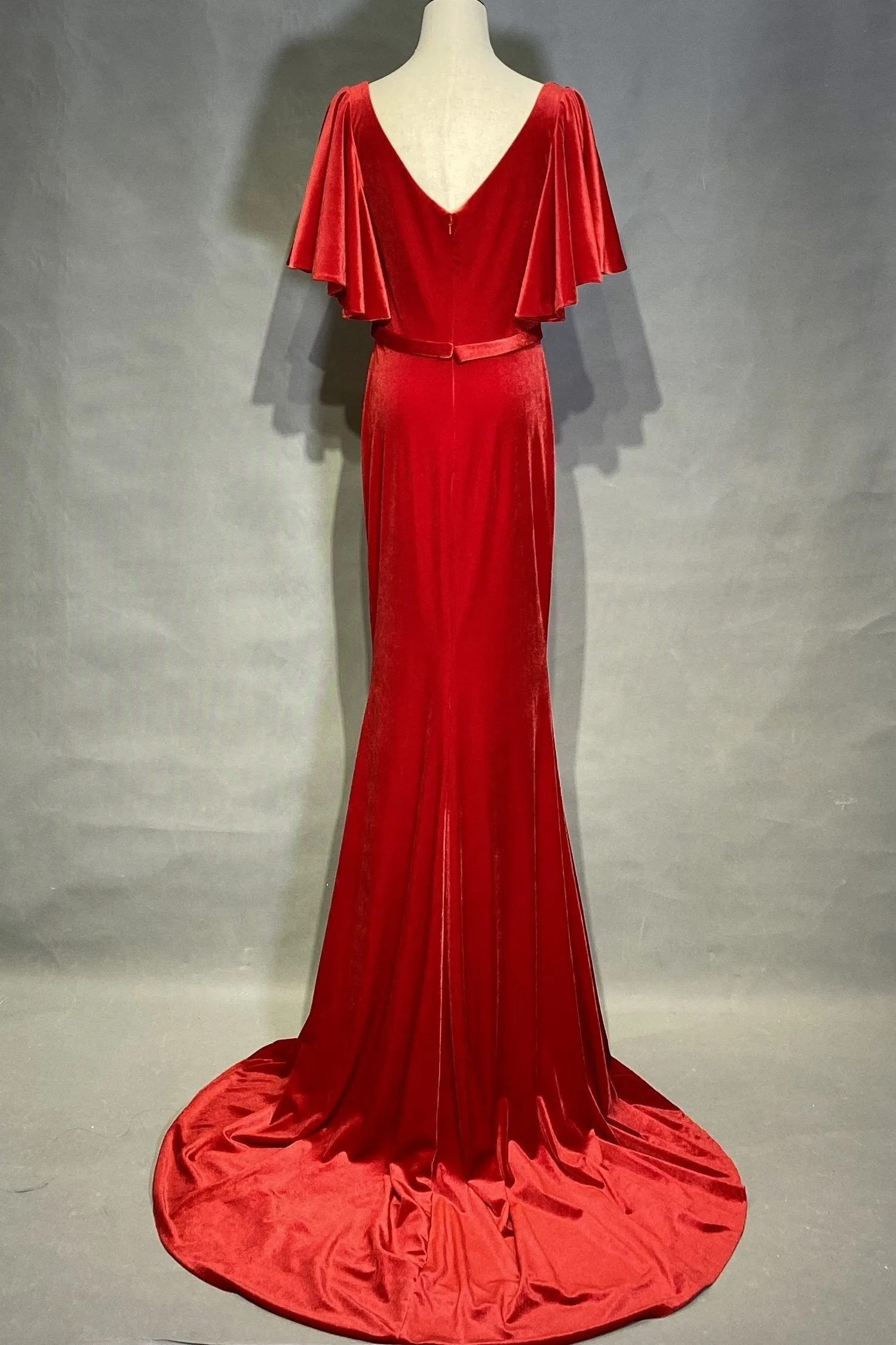 Velvet Red Evening Dresses with Ruffles Sleeves