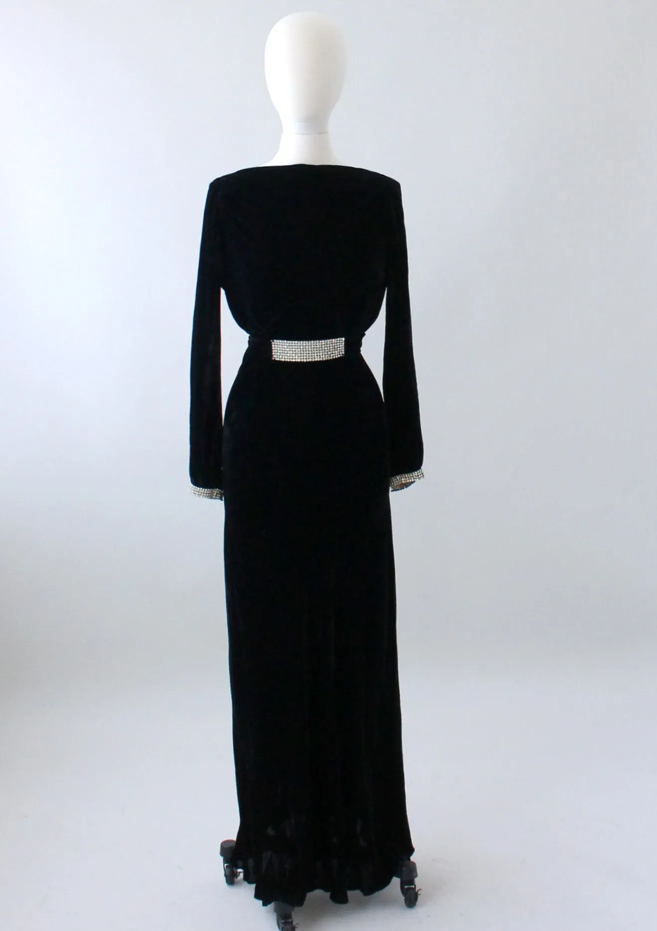 Vintage 1930s Art Deco Black Velvet and Rhinestone Evening Dress