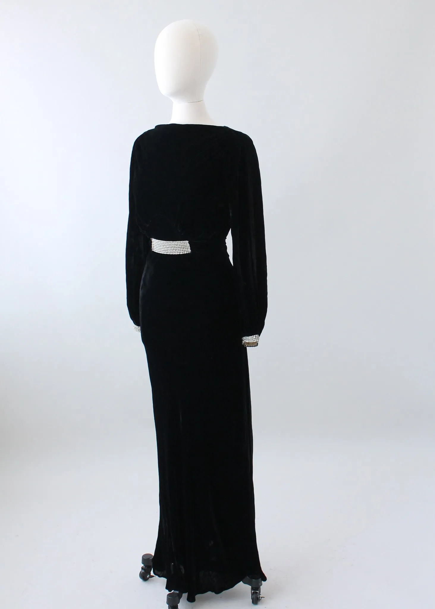 Vintage 1930s Art Deco Black Velvet and Rhinestone Evening Dress