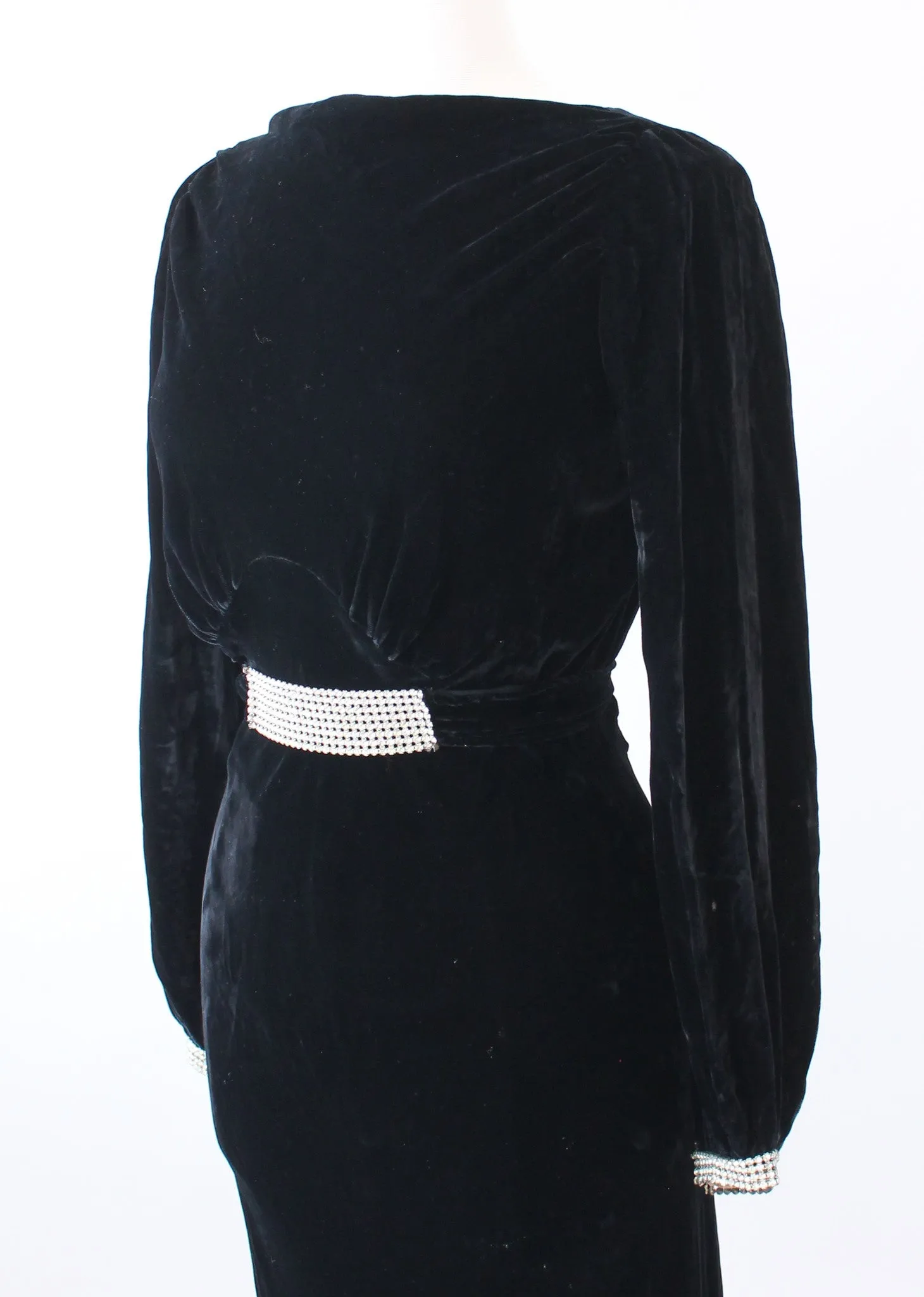 Vintage 1930s Art Deco Black Velvet and Rhinestone Evening Dress