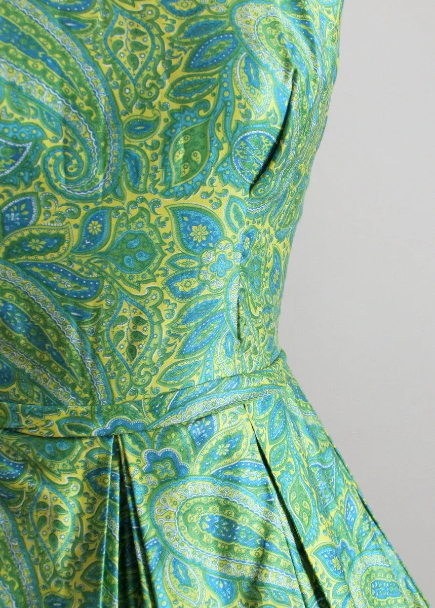 Vintage Early 1960s Teal and Yellow Paisley Day Dress