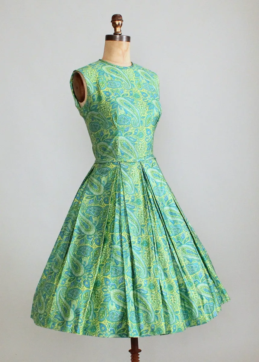 Vintage Early 1960s Teal and Yellow Paisley Day Dress