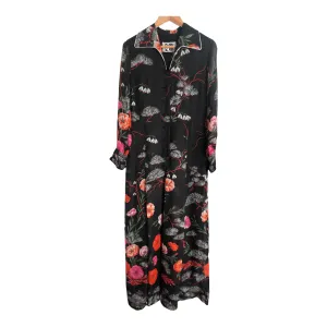 Vintage in Fink Modell 100% Polyester Long Sleeve Fit & Flare Shirt Maxi Dress Black Red Multi Floral Print UK Size 10-12