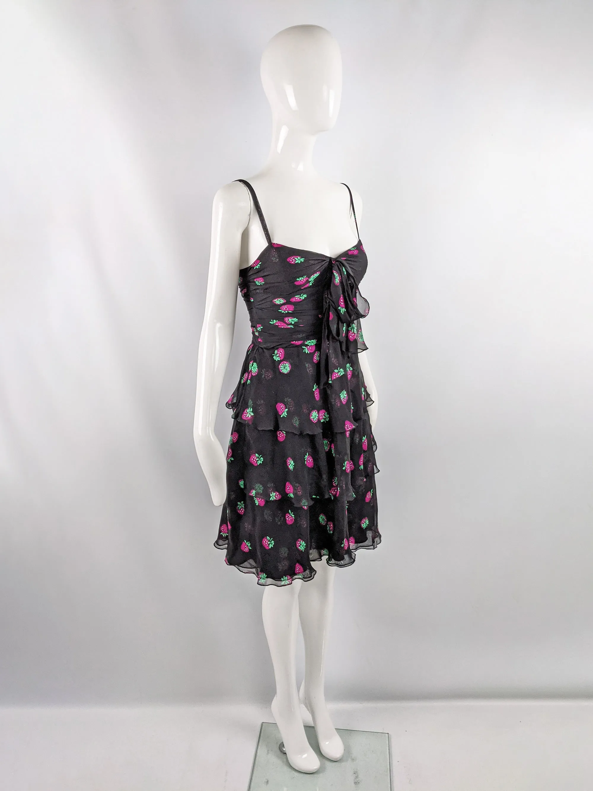 Vintage Strawberry Print Ruffled Silk Chiffon Dress, 1990s