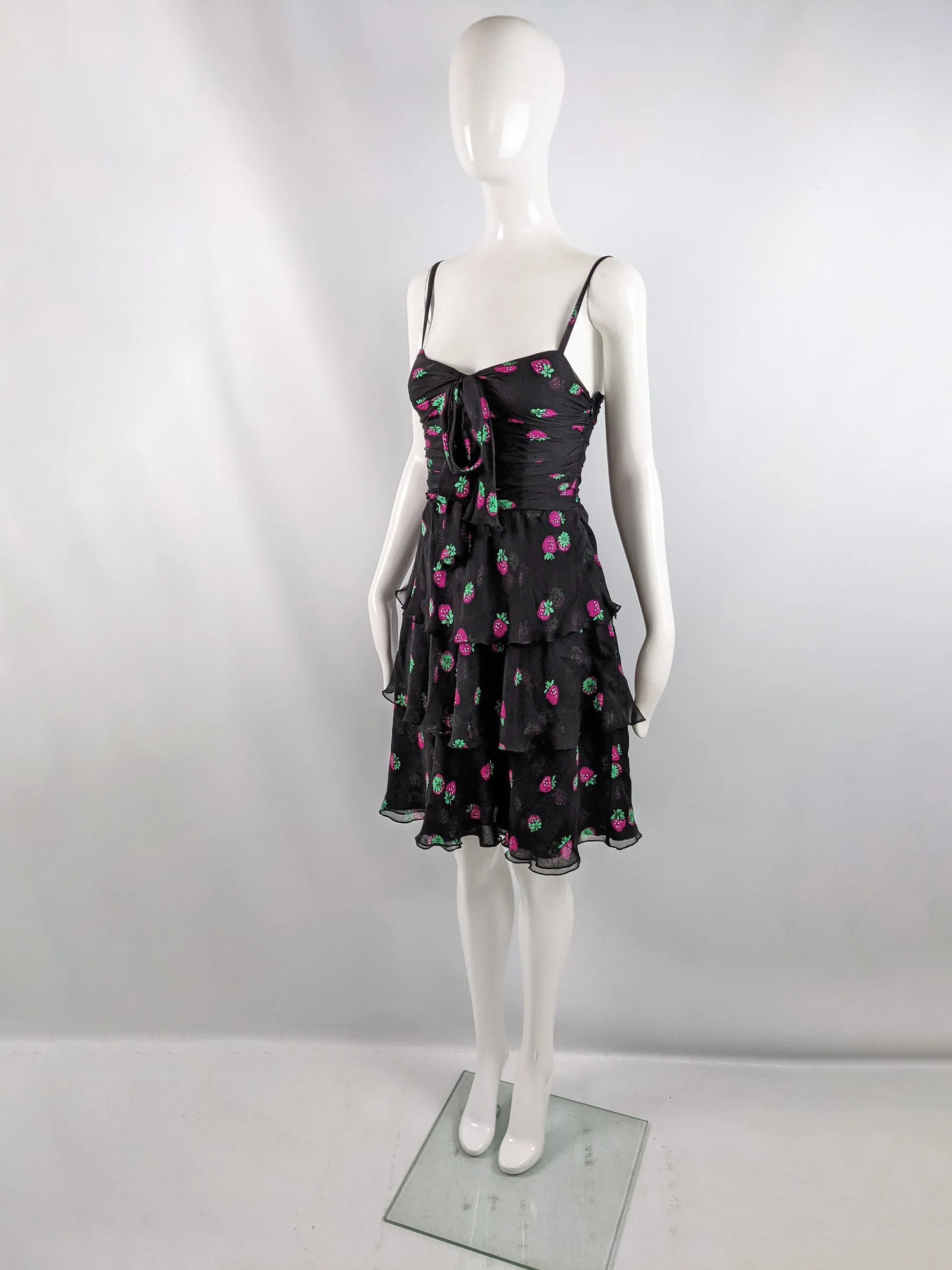 Vintage Strawberry Print Ruffled Silk Chiffon Dress, 1990s