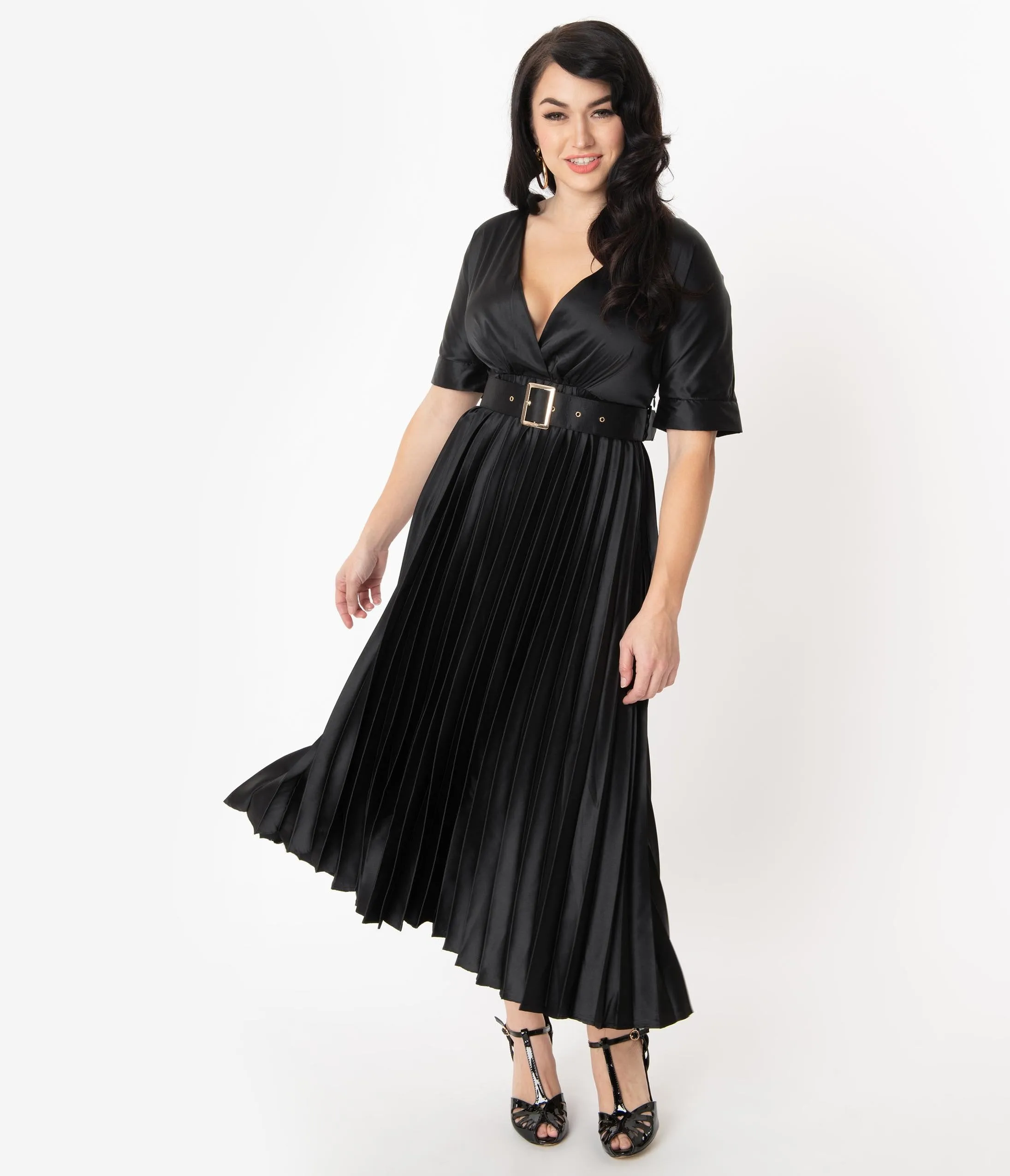 Vintage Style Black Pleated Satin Long Dress