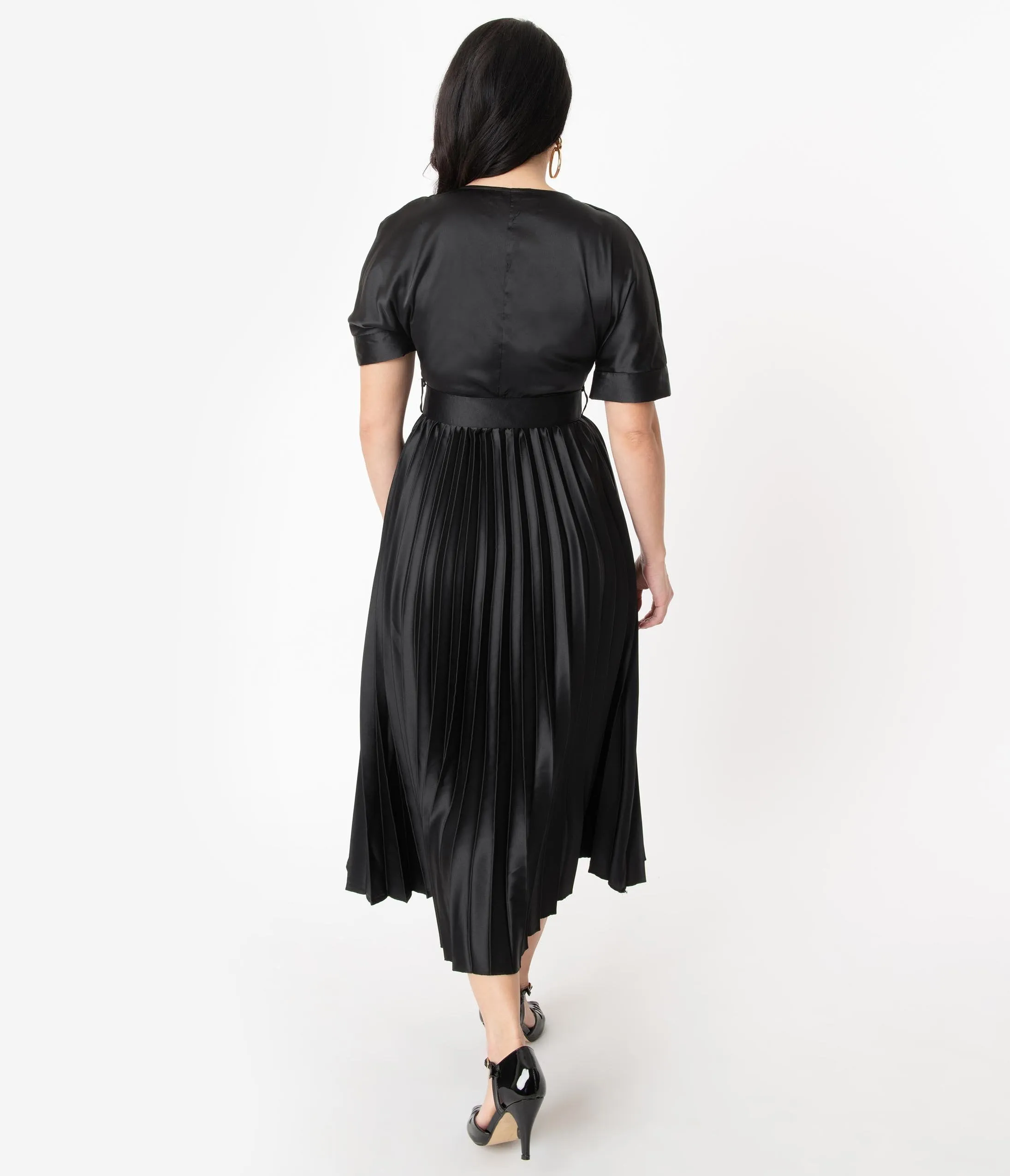 Vintage Style Black Pleated Satin Long Dress