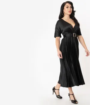 Vintage Style Black Pleated Satin Long Dress