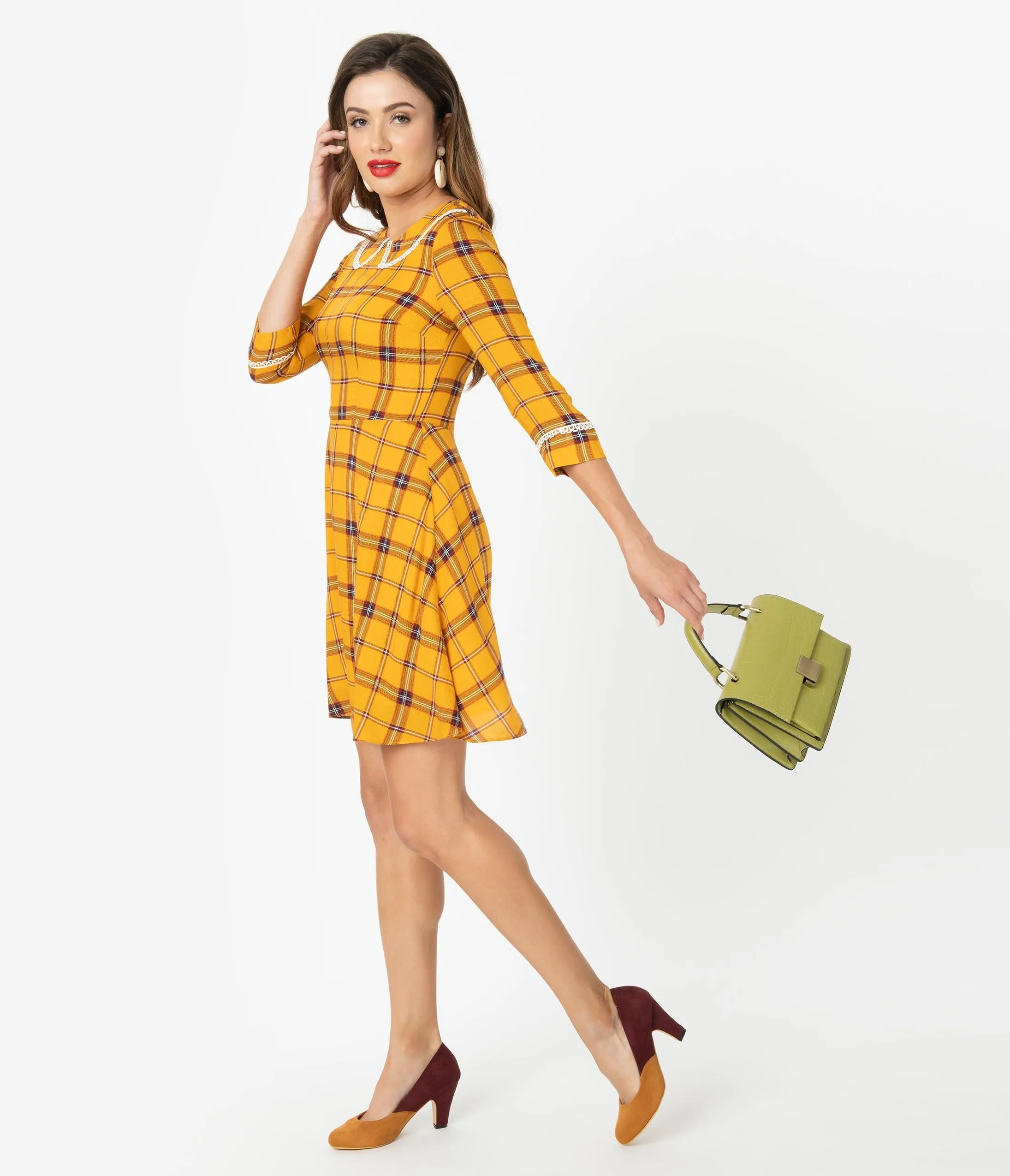 Voodoo Vixen 1960s Mustard Plaid & Ivory Lace Trim Fit & Flare Dress