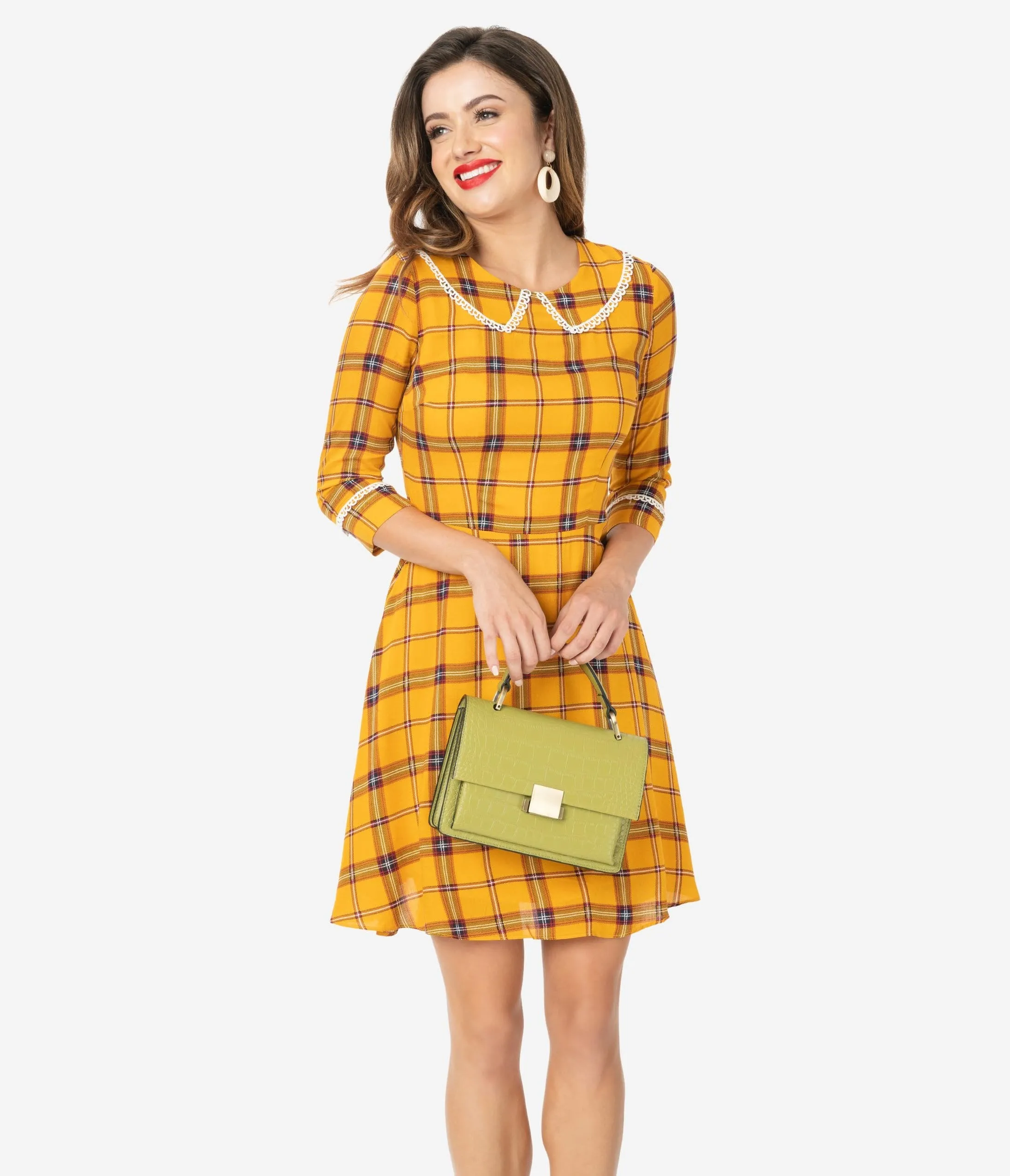 Voodoo Vixen 1960s Mustard Plaid & Ivory Lace Trim Fit & Flare Dress