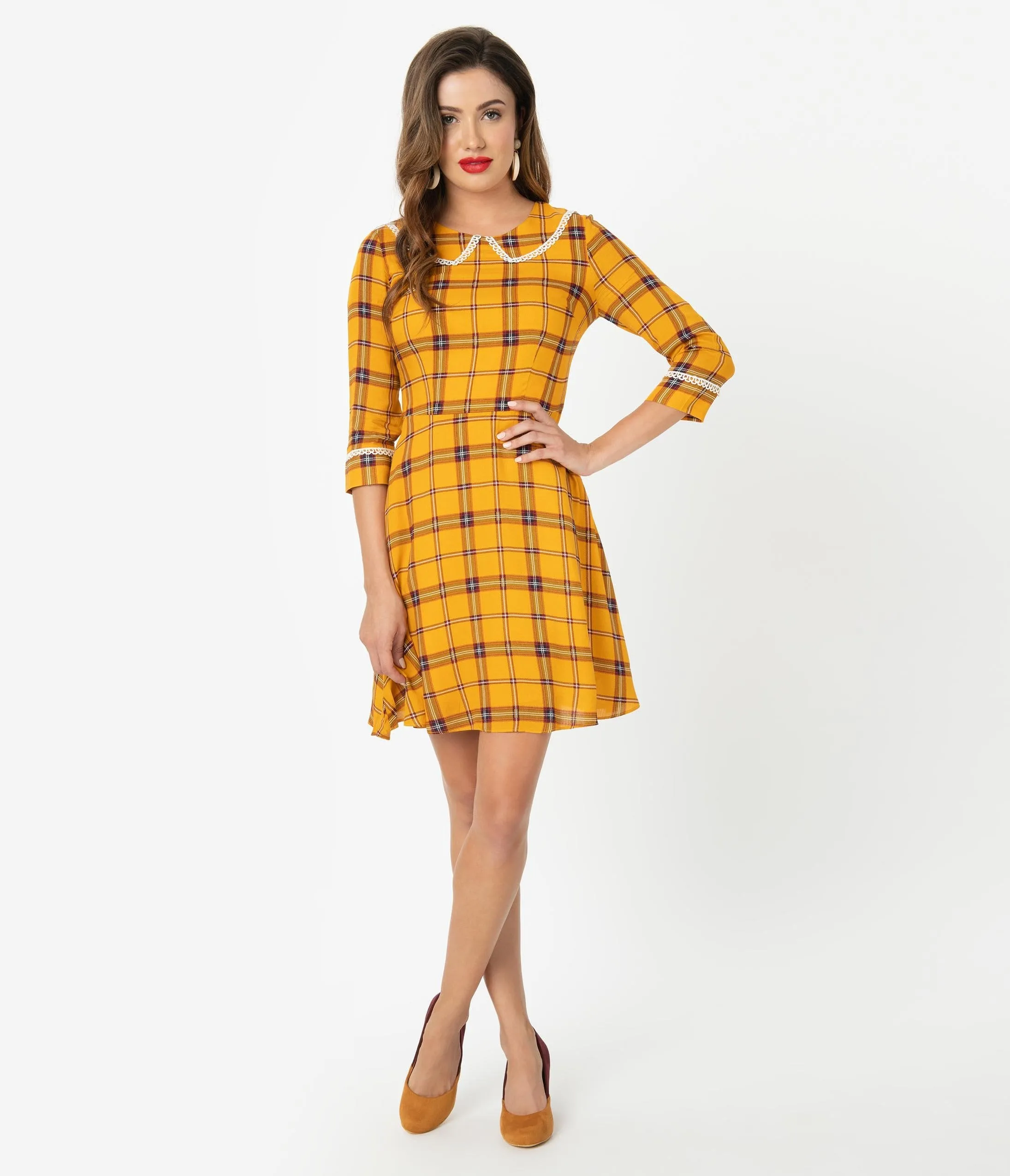 Voodoo Vixen 1960s Mustard Plaid & Ivory Lace Trim Fit & Flare Dress