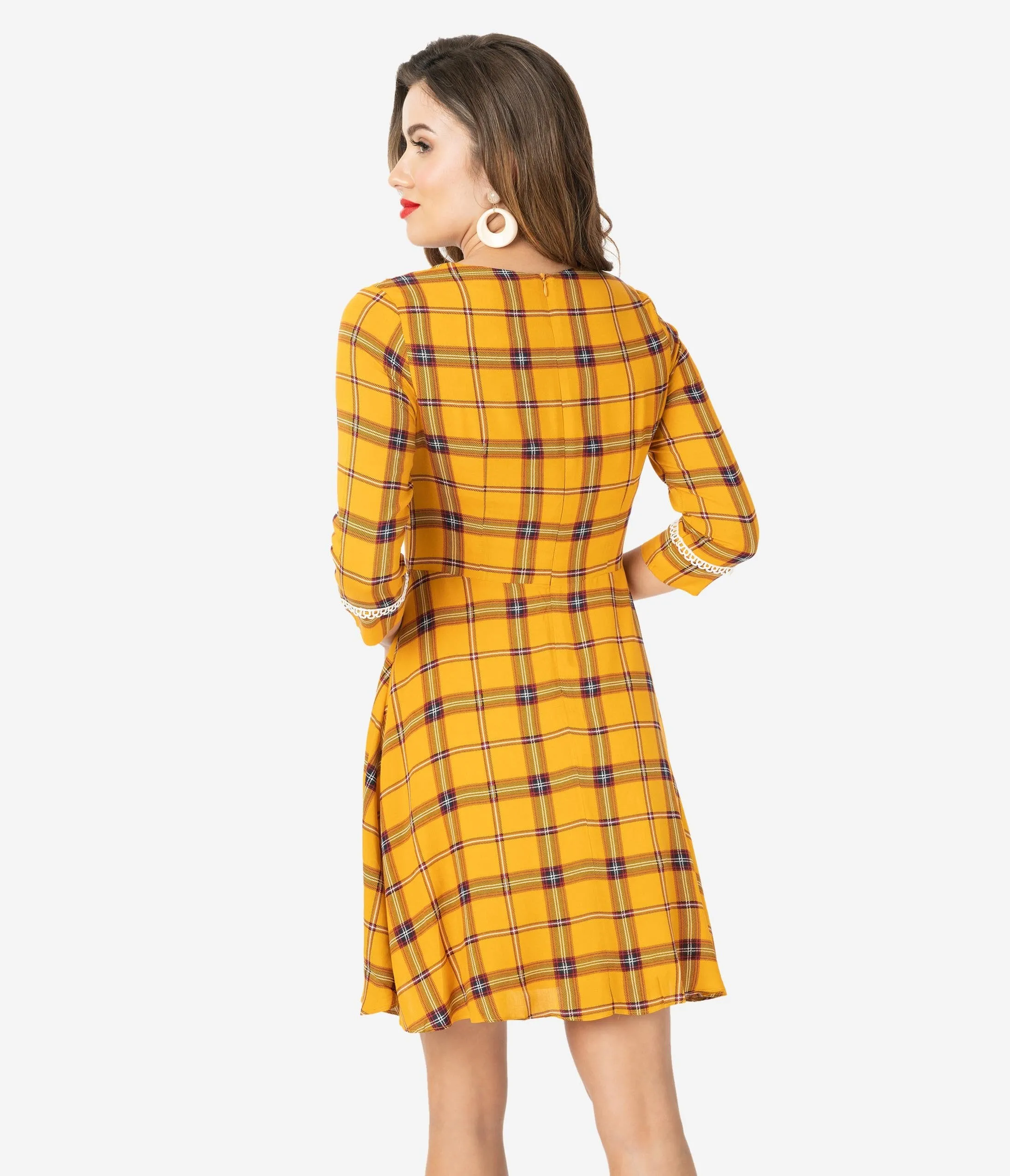 Voodoo Vixen 1960s Mustard Plaid & Ivory Lace Trim Fit & Flare Dress