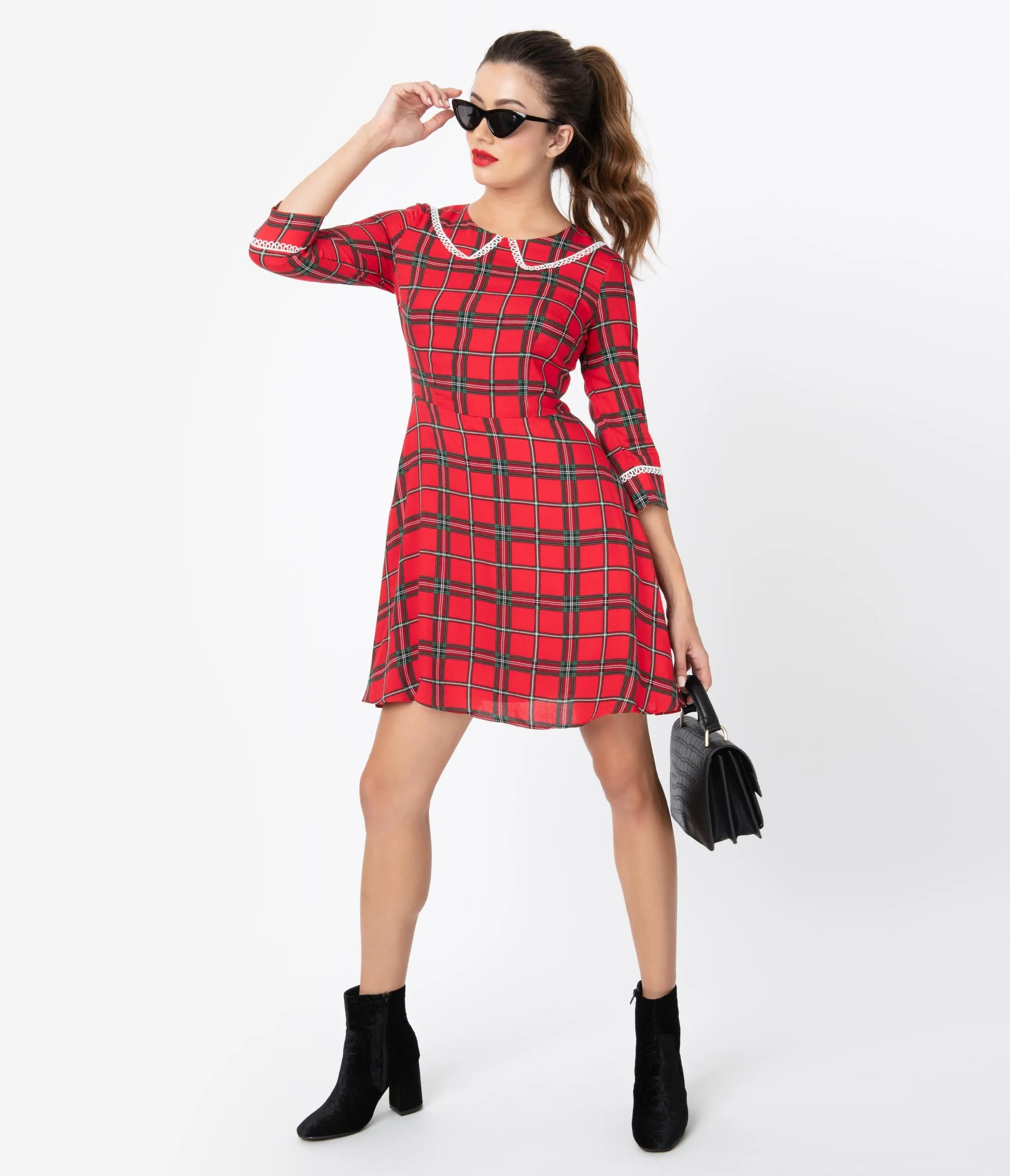 Voodoo Vixen 1960s Red Plaid & Ivory Lace Trim Fit & Flare Dress