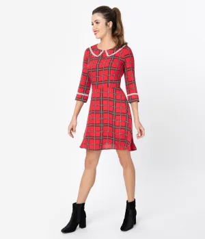 Voodoo Vixen 1960s Red Plaid & Ivory Lace Trim Fit & Flare Dress