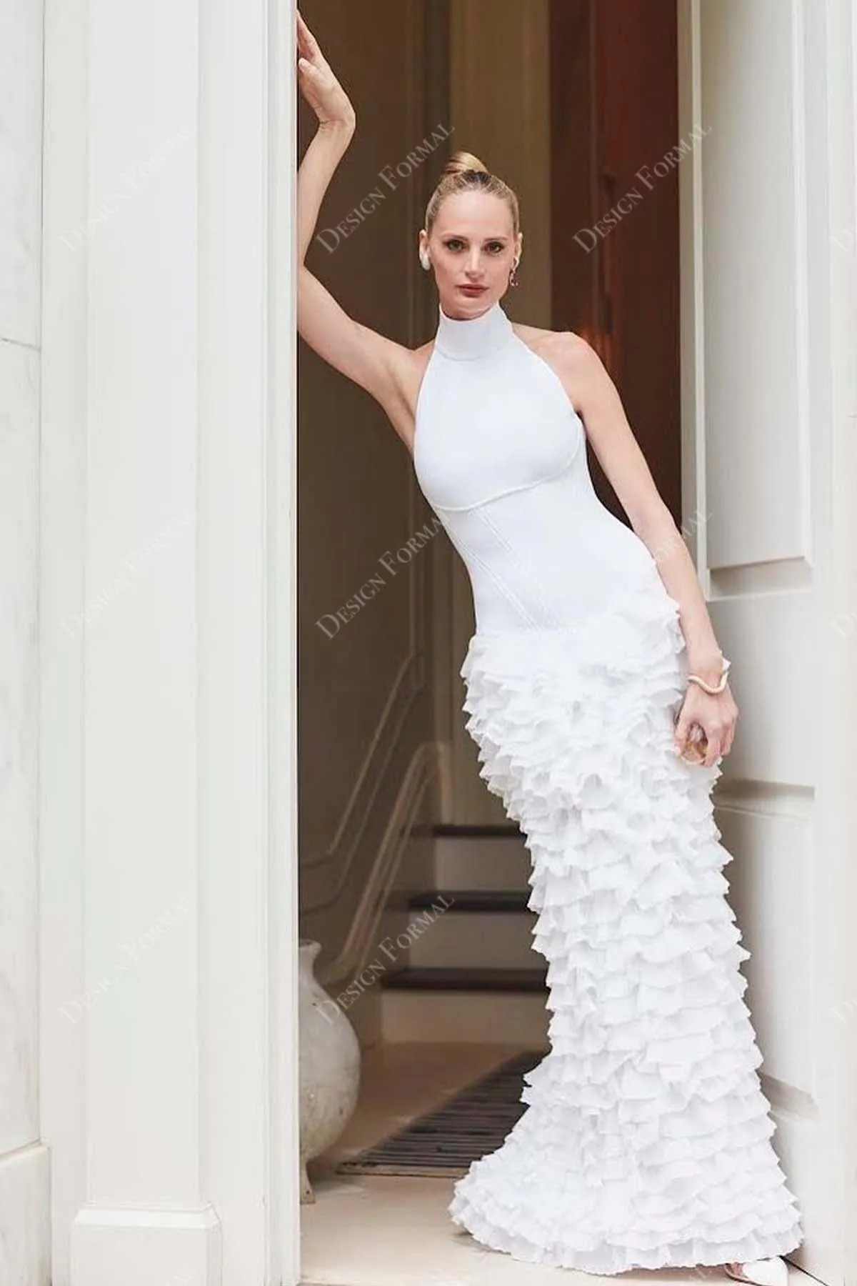 White High Neck Satin Ruffled Crafted Sheath Wedding Dress