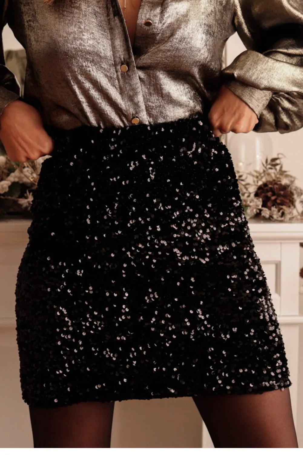 Women's Black Sequin Bodycon Mini Skirt