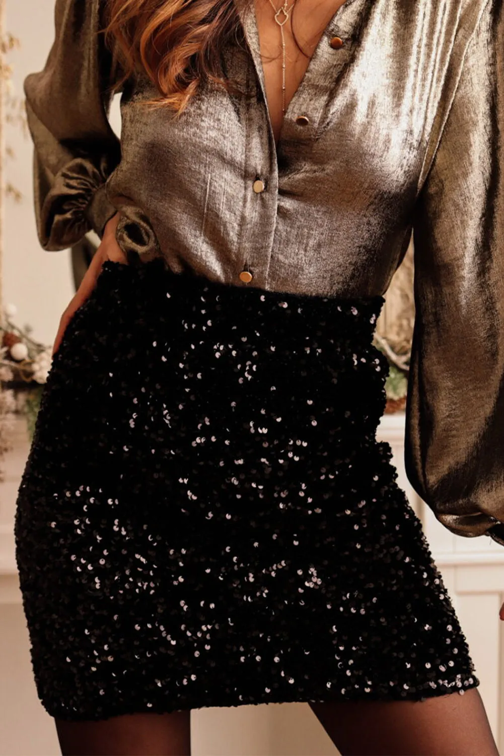 Women's Black Sequin Bodycon Mini Skirt