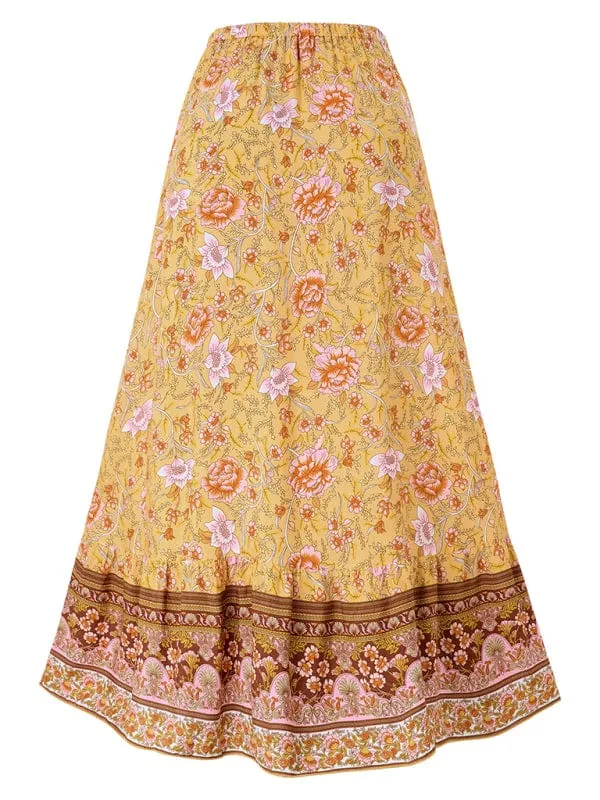 Women's Bohemian Style Printed Waist Drawstring Casual Skirt