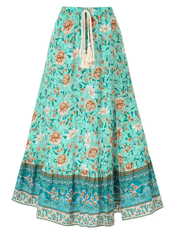 Women's Bohemian Style Printed Waist Drawstring Casual Skirt