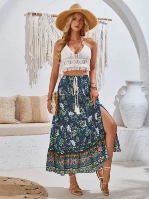 Women's Bohemian Style Printed Waist Drawstring Casual Skirt