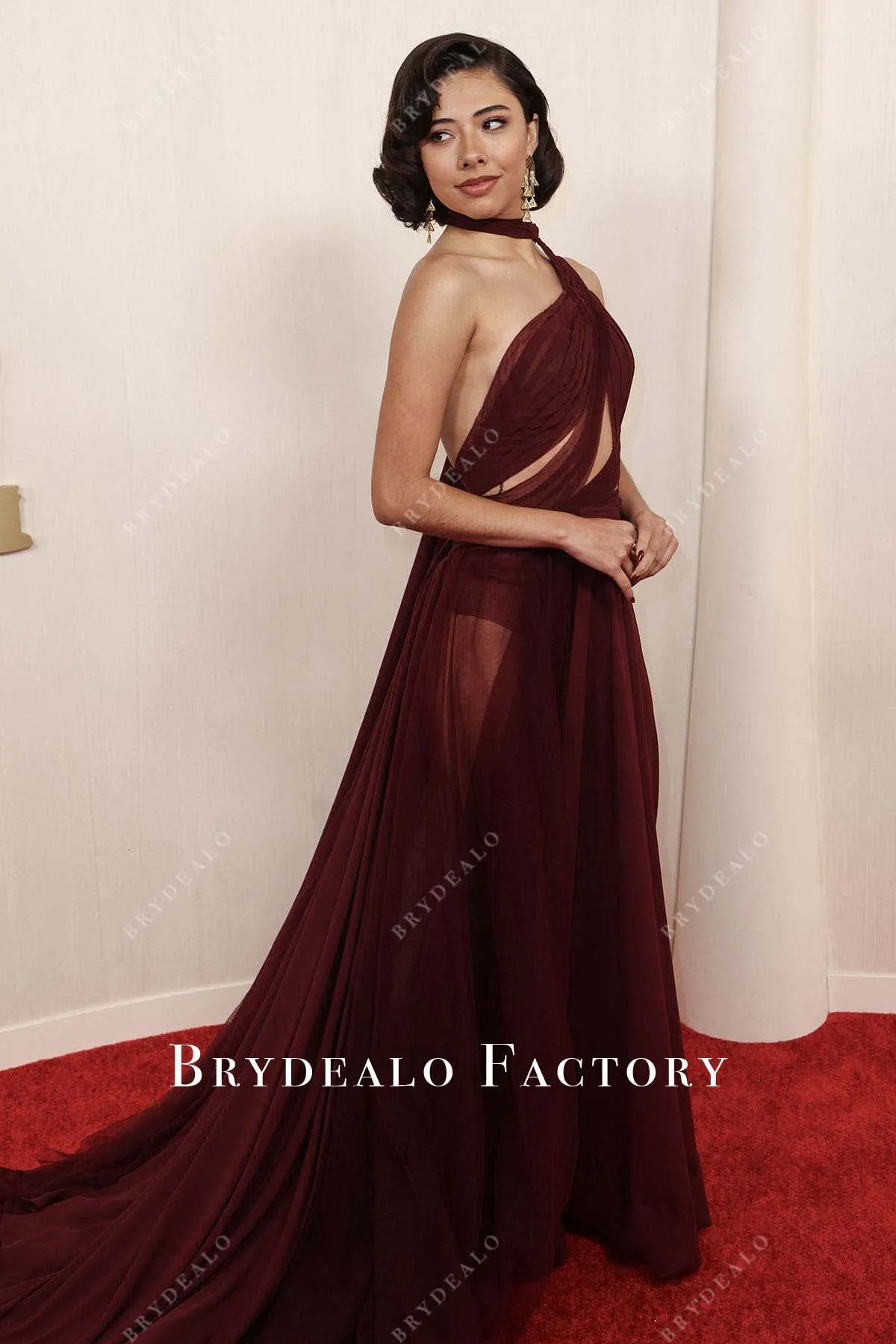 Xochitl Gomez 2024 Oscars Burgundy Chiffon Red Carpet Dress