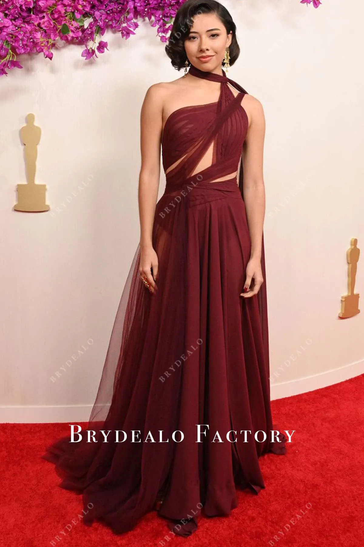 Xochitl Gomez 2024 Oscars Burgundy Chiffon Red Carpet Dress