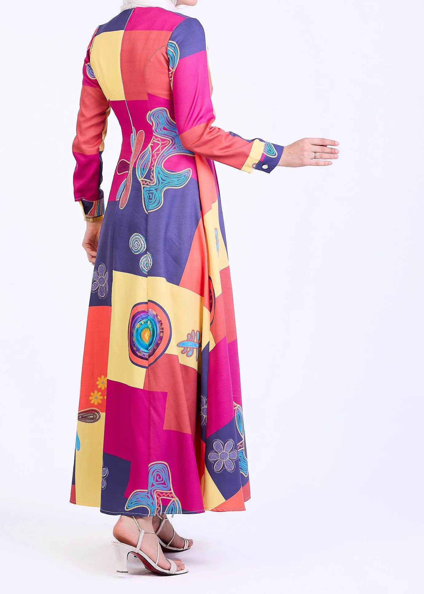 Zubaida Vibrant Patchwork Crepe Maxi Dress with Bold Abstract Print