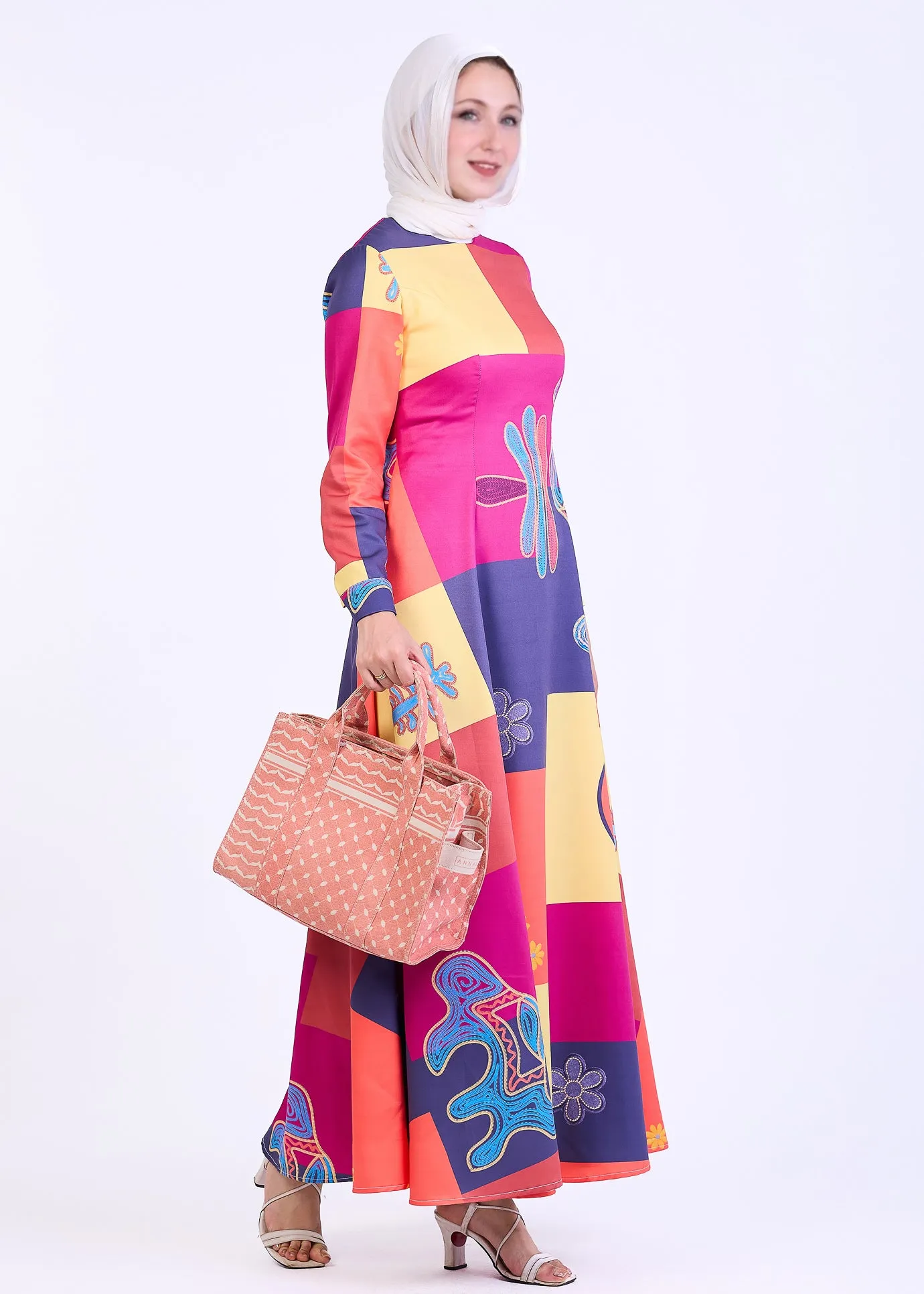 Zubaida Vibrant Patchwork Crepe Maxi Dress with Bold Abstract Print